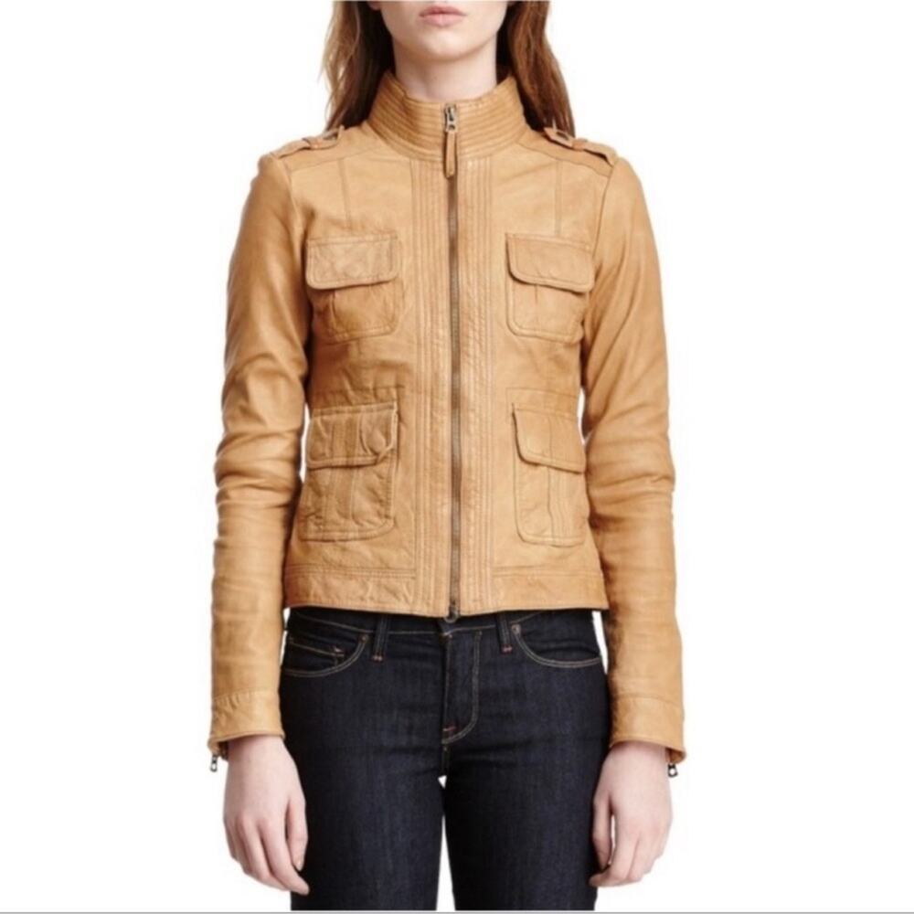 Lucky Brand Tan 100% Lamb Leather Zip Up Jacket Size Small